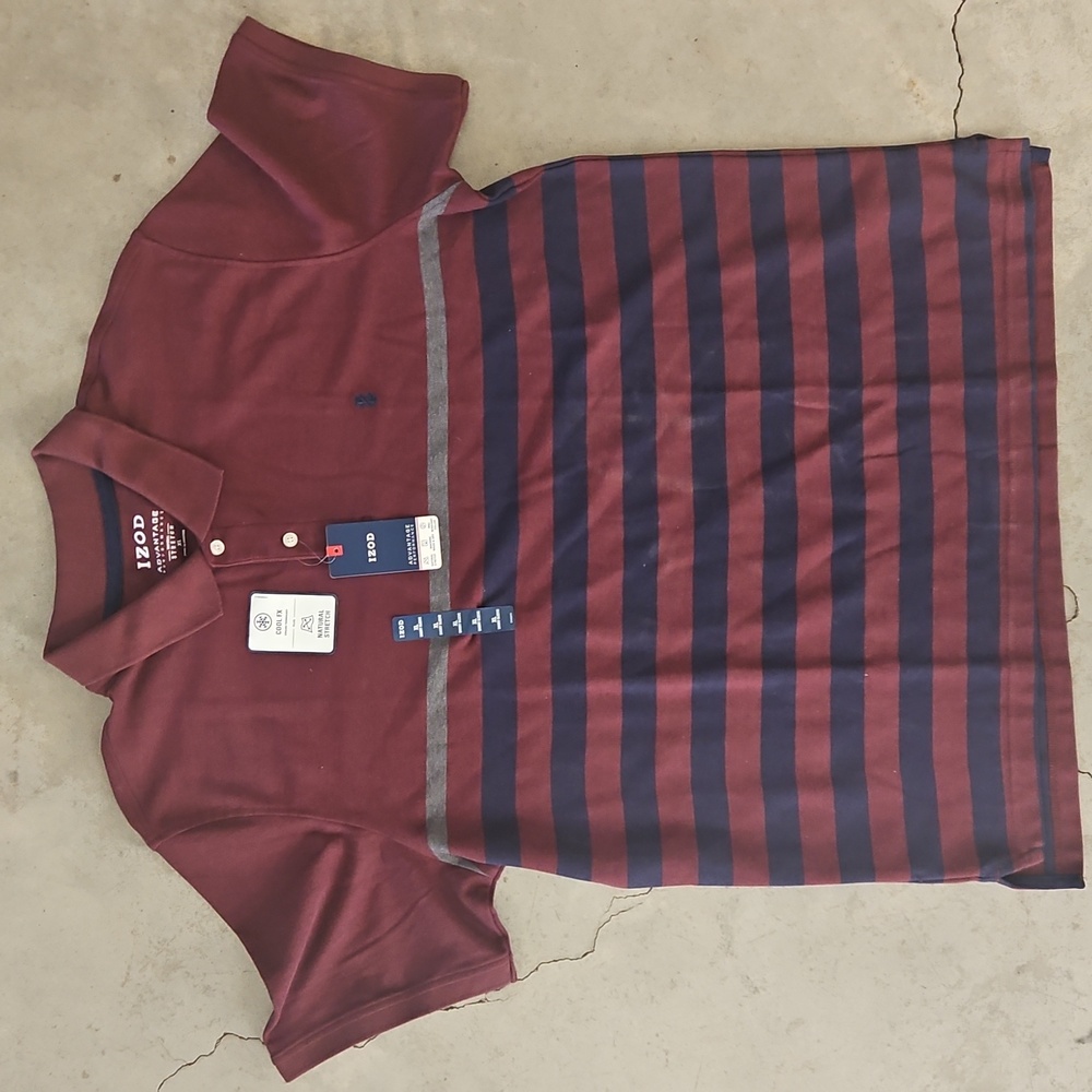 Izod Burgundy and Navy Striped Polo Advantage Performance Natural Stretch